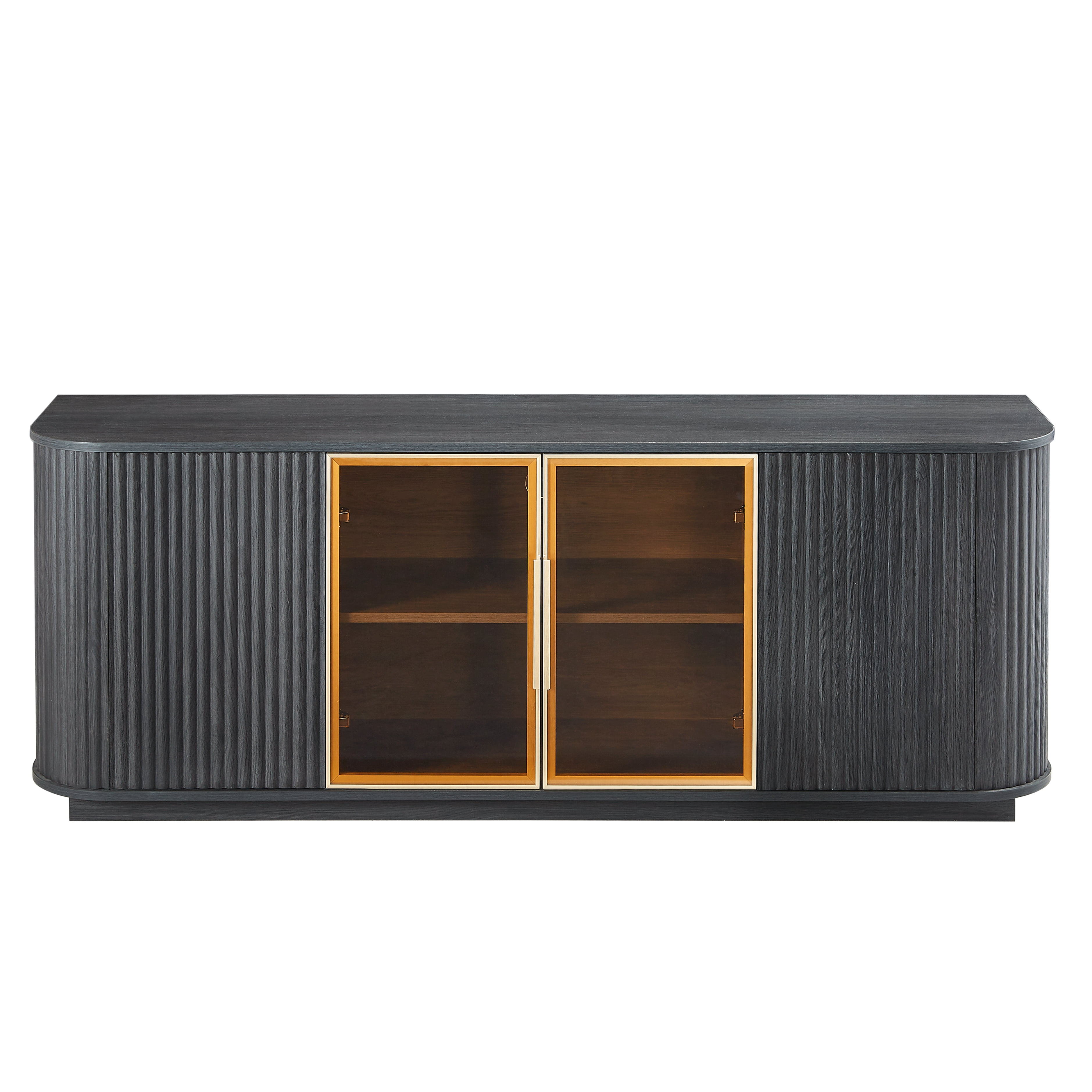 64 Inch Wavy TV Cabinet and Sideboard with Aluminum Framed Tempered Glass Doors, Wood Vertical Stripe Storage Cabinet with LED Lights for Living Room, Black