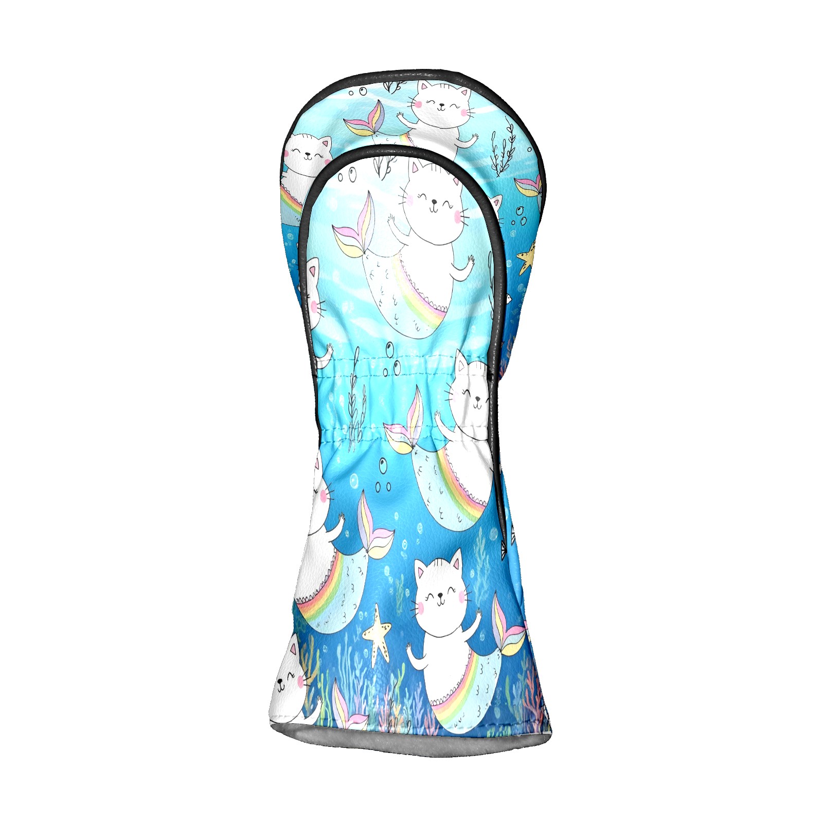 Golf Club Head Covers - Mermaid Cat Blue Design, Premium PU Leather Driver Hybrid Headcovers with Velvet Lining, Waterproof Golf Gifts for Men Women