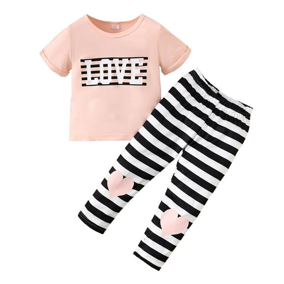 3T Toddler Baby Girls Clothes Baby Girls Outfits 3-4T Girls Short Sleeve Letter Print Top Stripe Pants 2PCS Girls Clothing Set Pink
