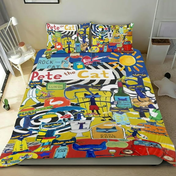 3 Piece Comforter Cover Set For Pete the Cat Bedding Set Cute Duvet Cover Sets Super Soft Teens Bedding Set Kids Bedroom Gifts,1 Duvet Cover with 2 Pillowcases Twin