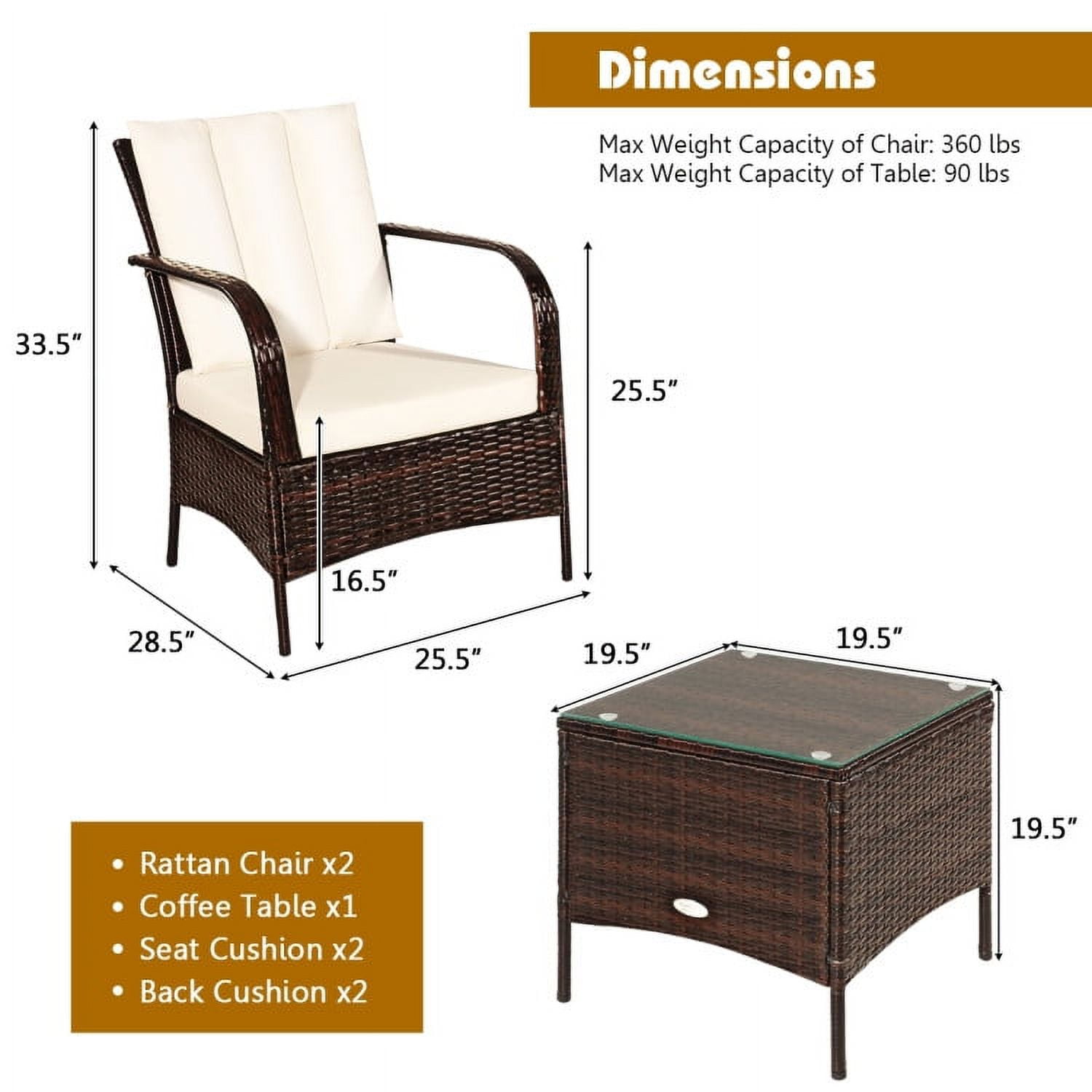 Aimee Lii 3 Pcs Patio Conversation Rattan Furniture Set, Small Patio Set with Glass Top Coffee Table and Cushions, White Aimee Lii 3 Pcs Patio Conversation Rattan Furniture Set, Small Patio Set with Glass Top Coffee Table and Cushions, White