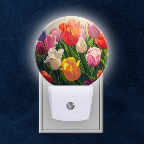 Night Light Plug into Wall,Dusk to Dawn Sensor Auto-On/Off for Bathroom, Hallway,Kids Room-Vibrant Painting Of Tulips In Full Bloom With Colors Like Pink
