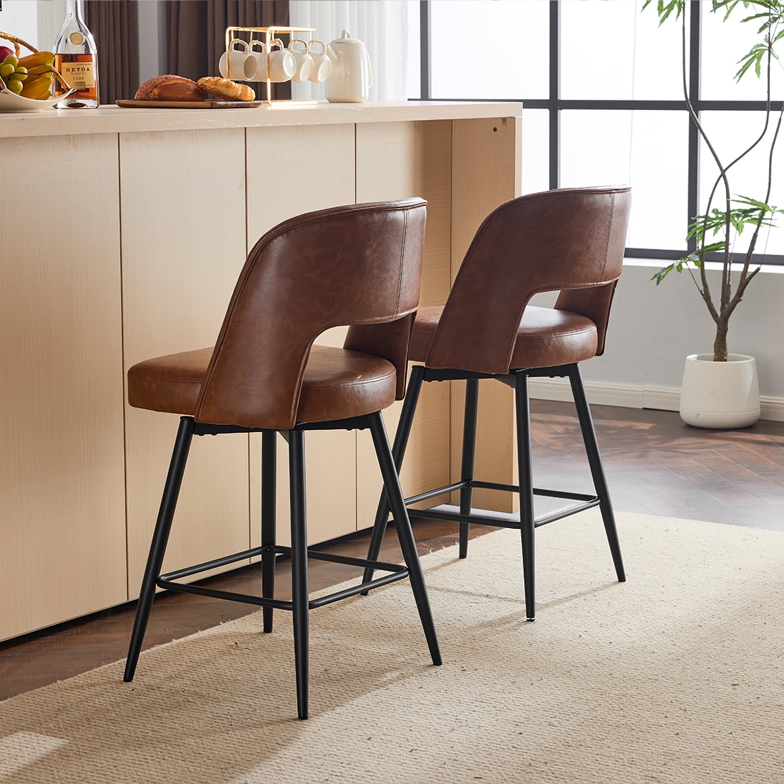 Ktaxon Swivel Barstools 2 Set, Counter Height Chairs 26in Padded Bar Height Upholstered Stools, Brown