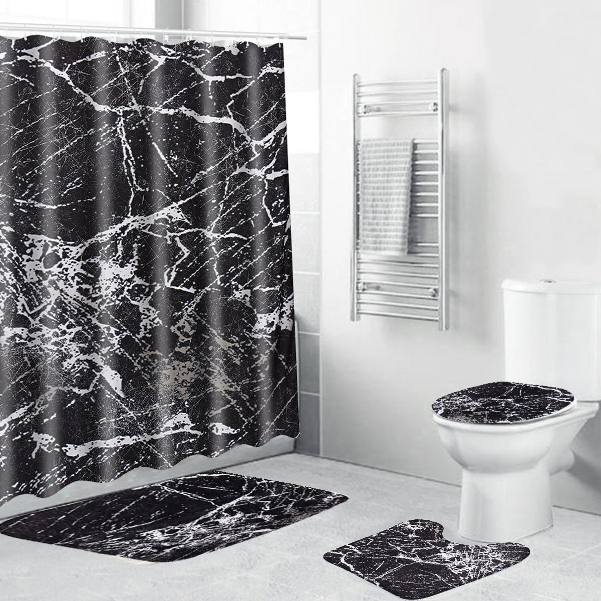 Shower Curtain Bathroom Contour Rug Non Slip Toilet Lid Cover Bath Mat Set 