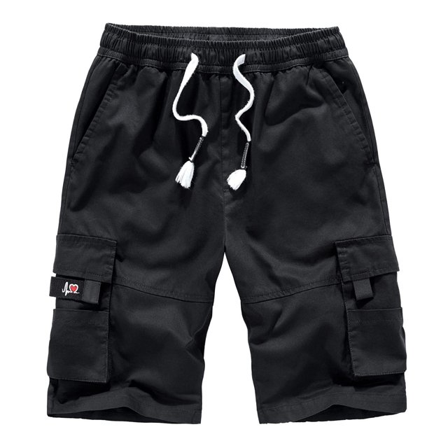 Men Plus Size Cargo Shorts Solid Color 5 Inch Pants Casual Elastic Waist Loose Fit Multi Pockets Drawstring Half Trousers