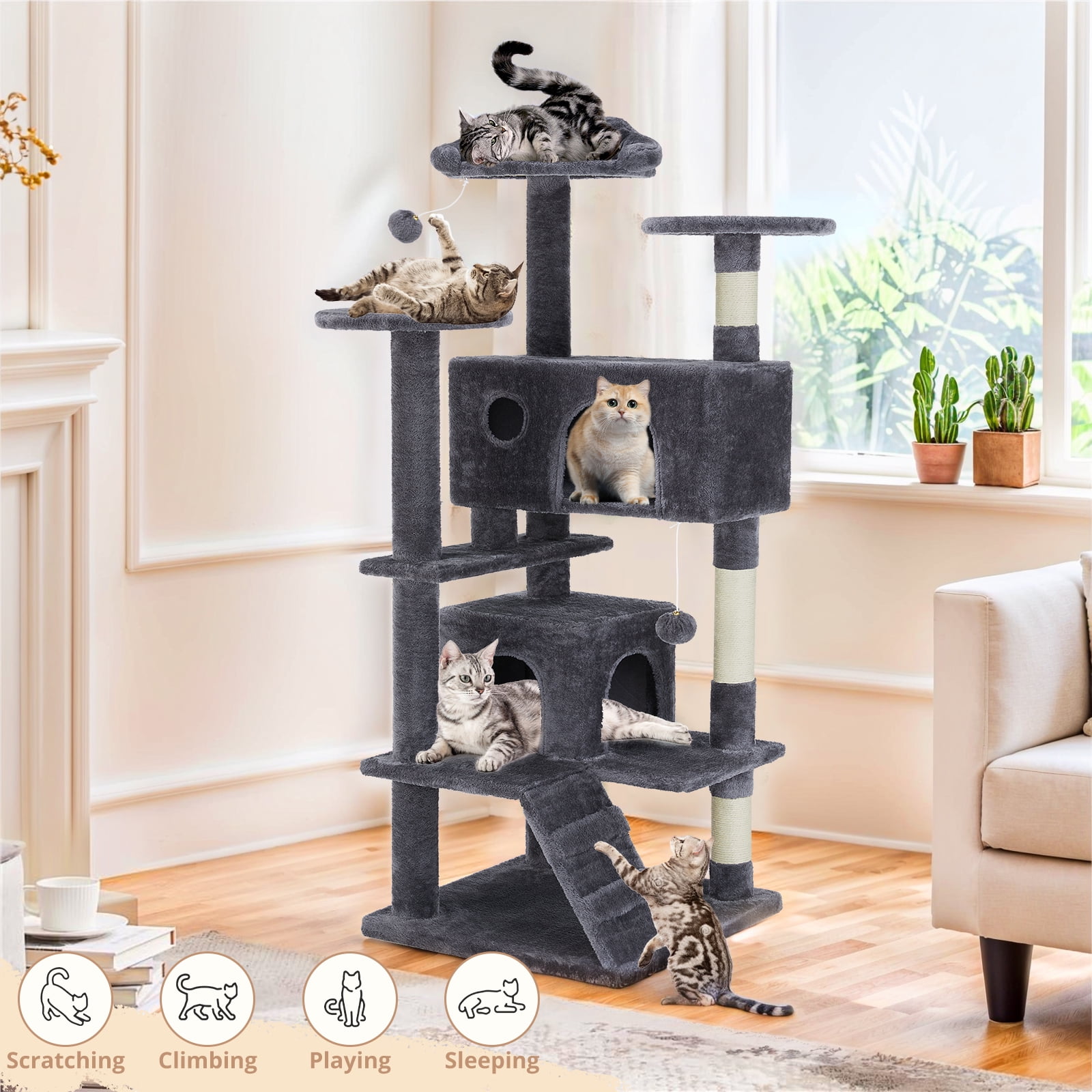 Cat Tree, 54-Inch Cat Tower with Sisal Scratching Post, Multi-Level Plush Cat Tree with Climbing Ladder, Dark Gray