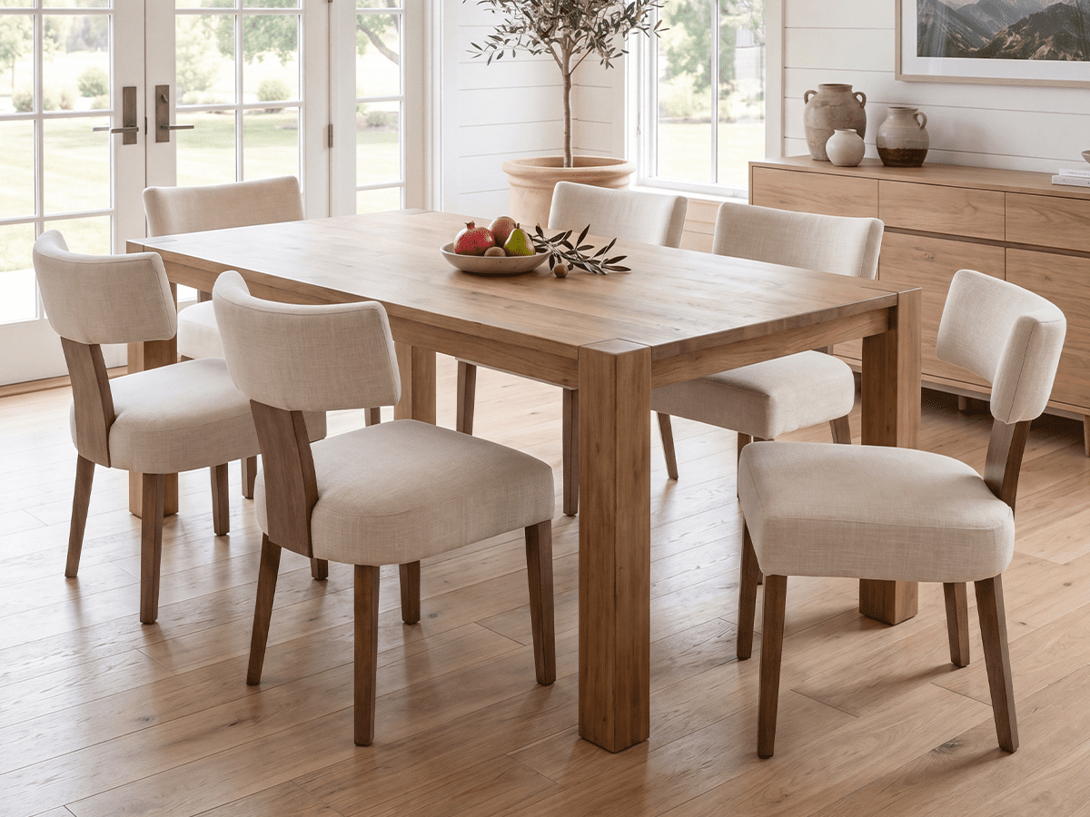 Guyou Dining Chairs Set of 4, Mid-Century Modern Linen Upholstered Kitchen Chairs with Curved Backrest, Wooden Side Chairs for Dining Kitchen Living Room Bedroom, Beige