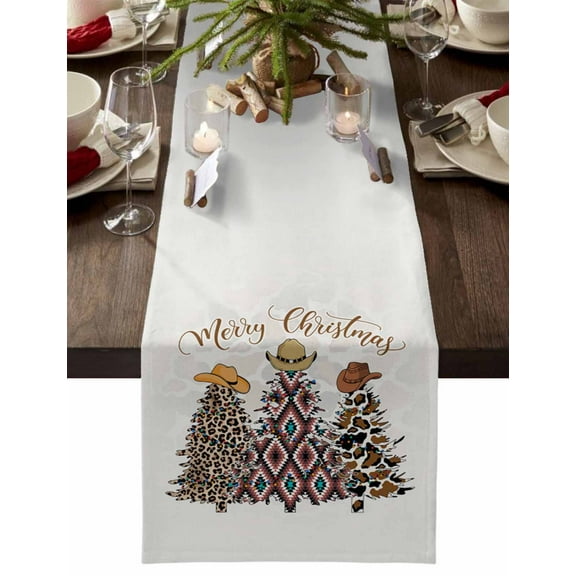 Christmas Table Runner Western Christmas Tree Table Runners Western Cowboy Hat Cotton Linen Dresser Scarf Kitchen Dining Table Decor for Christmas Holiday Party Decor 13x36 Inch