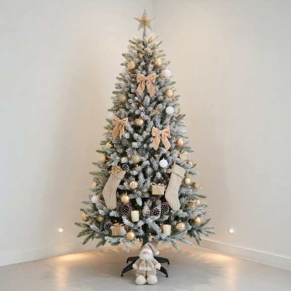 Resenkos Christmas Tree,Home Party Christmas Tree Decorations,Snow-Flocked Hinged Artificial Christmas Pencil Tree with Mixed Tips-7.5 ft