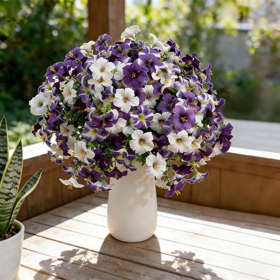 Artificial Flowers for Outdoors, 1Pcs UV Resistant Faux Fake Petunias Silk Flower Plants for Home Garden Front Porch Indoor Decor, Purple White(14.57x5.91in)