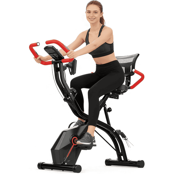 USLIM Foldable Stationary Exercise Bike for Home Workout, Indoor Cycling Design, Mesh Backrest, Wide Seat, Arm Resistance Bands, 300 lb Capacity, Red