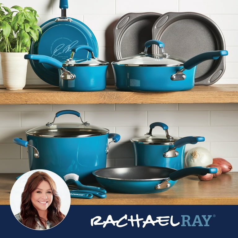 Rachael Ray 15-Piece Hard Enamel Aluminum Nonstick Cookware Set, Marine Blue