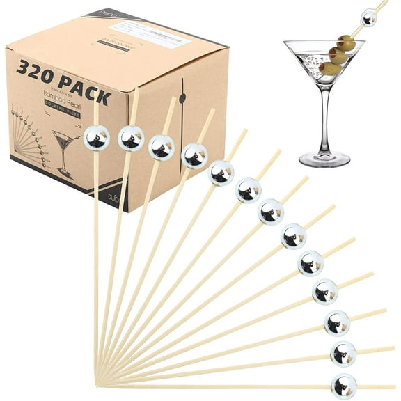 Bamboo Cocktail Picks Skewers Toothpicks- (Pack of 320) Silver Pearl 4.75 inch Wooden Frill Tooth Picks for Appetizer Martini Food Garnish Cocktail Sandwich Fruit Kabobs  Catering Weddings Decorative