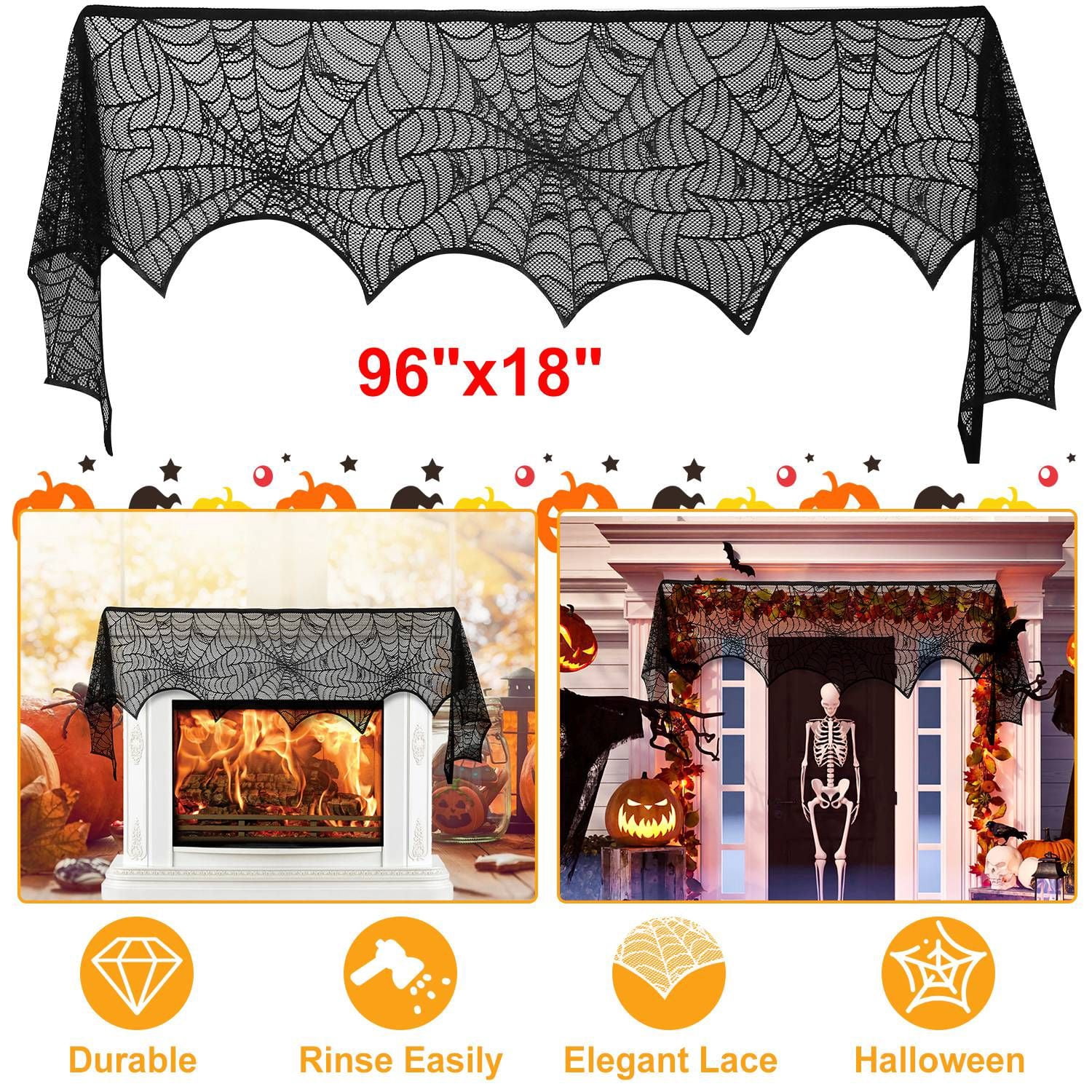 Halloween Fireplace Mantle Scarf, 96x18 Inch Black Lace Scarf with Spider Web, Bat & Spider Design, Lightweight Durable - Ideal for Haunted House, Party, Window, Dining Table Decor
