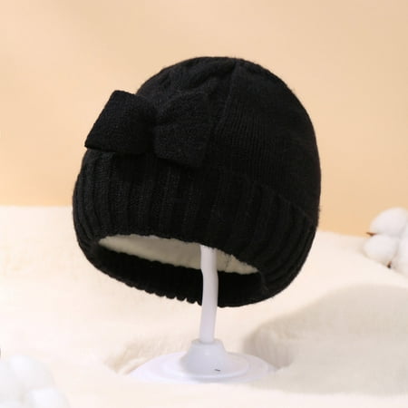 

kpoplk Kids Hats Children s Hat Solid Color Baby Knit Hat With Bow And Pile Warm Children s Hat Outwear Boys Girls(Black)