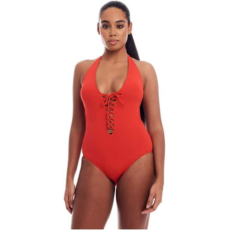 Cover Girl One Piece Swimsuit for Teen Girls Plus Size Curvy Swimwear Tummy  Control - Lace Up, Red, Size 14 
