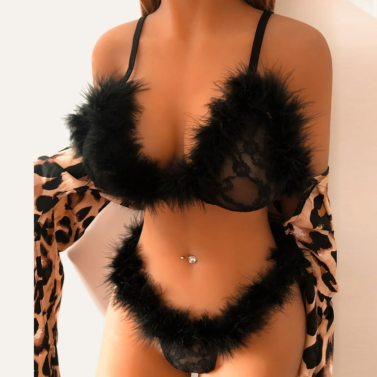 Xysaqa Women's Faux Fur' Lingerie Sets Lace Mesh V Neck Bra and Thong Panty  Set