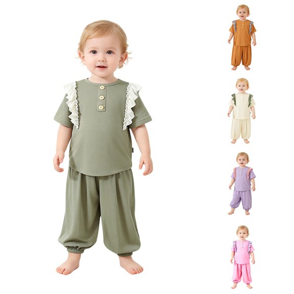 Soft Baby Girl Summer Outfits Short Sleeve Two Piece Pajama Breathable Loungewear With Pants Girls Casual Outfit Sets
