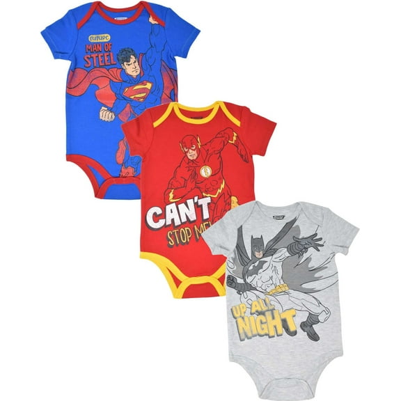DC Comics Justice League Batman Superman The Flash Newborn Baby Boys 3 Pack Bodysuits Newborn to Infant