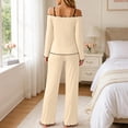 thumbnail image 4 of sdhkgrrt Women's 2 Piece Matching Pajama Set Off Shoulder Long Sleeve Top Elastic Waisted Wide Leg Pants Solid Comfy Casual Lounge Set Soft Loose Fit Tracksuit, Beige S, 4 of 8