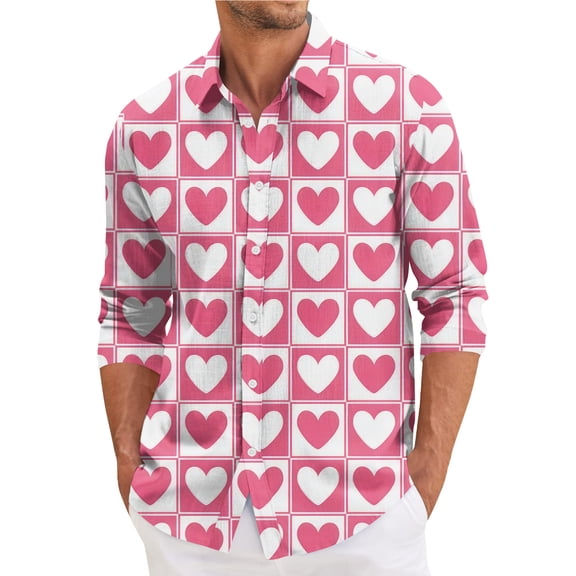 Fgvctg Valentine's Day Button Down Shirt for Men Long Sleeve V Neck Shirt Casual Date Day Love Heart Print Collared Blouse Oversized Business Casual Tops Hot Pink 2XL