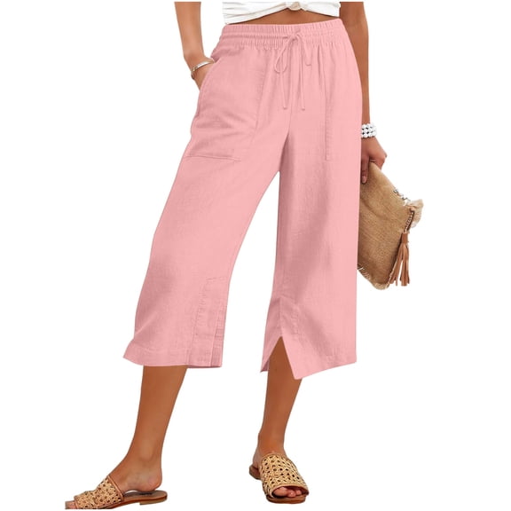 Capri Pants for Women High Waisted Wide Leg Casual split hem Pant Summer Capris Adjustable Drawstring trousers with Pockets