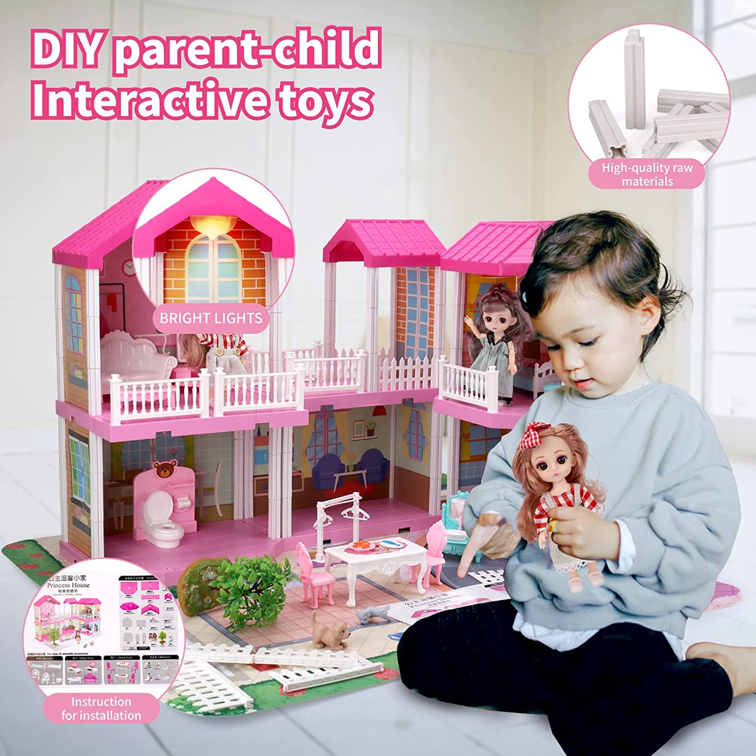 678 Doll House Kit,Dollhouse with Lights, Slide, Pets and Dolls, DIY  Pretend Play Building Playset Toys with Asseccories and Furniture, Princess  House