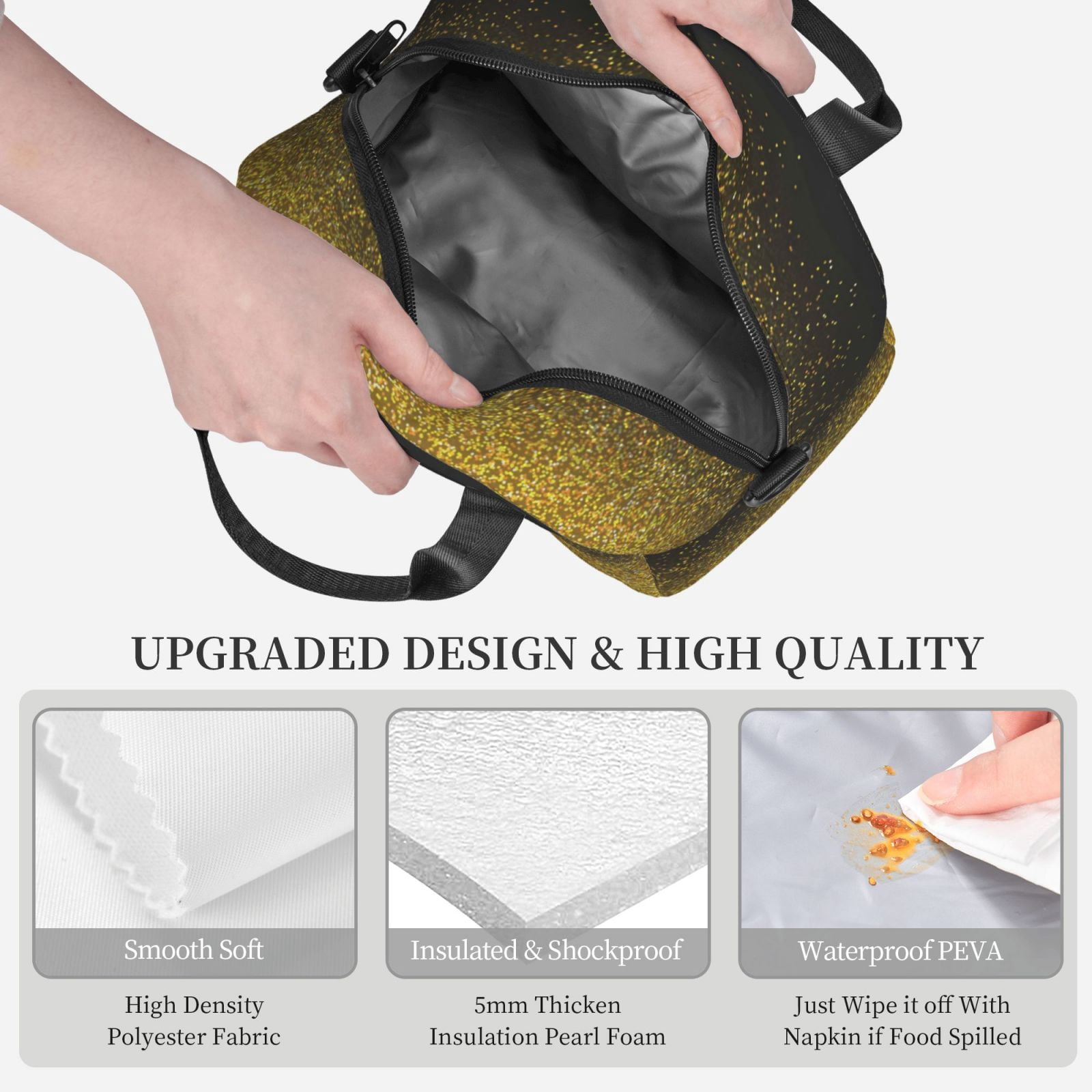 Naloa Gold Glitter Gradient Print Lunch Bag for Women & Men Insulated Lunch Box or Cooler Lunch Tote Bags for Work, Travel, Outdoor