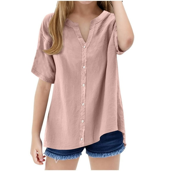 ZyeKqe Girls Button down Shirts Short Sleeve Button up V Neck Casual Summer Tops Loose Fitted Casual Blouses