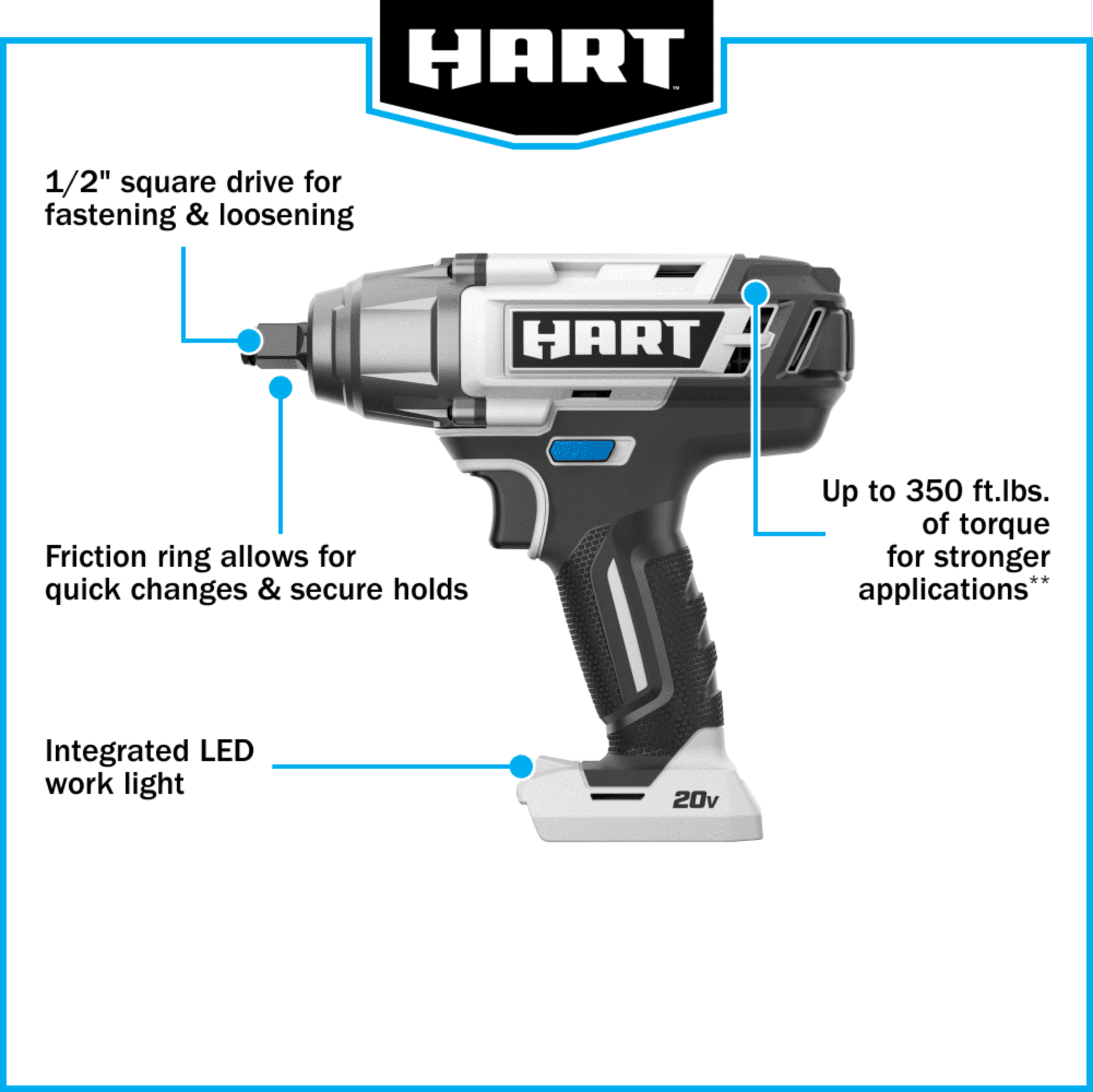 HART 20 Volt 1 2 inch Battery Powered Impact Wrench Battery Not Included Walmart