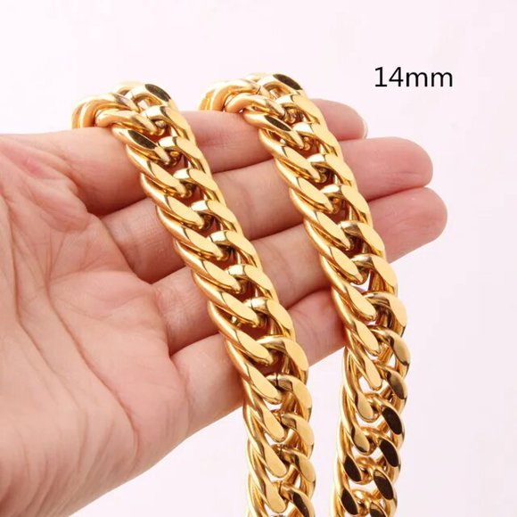 6/8/10/12/14/16/18mm Women Men‘s Gold Color Cuban Link Chain Necklace & Bracelet Stainless Steel Jewelry Christmas Gift 7-40inch