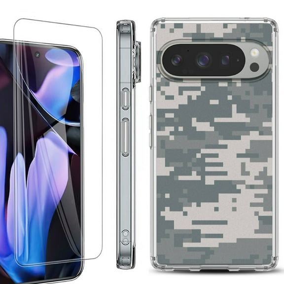 For Google Pixel 9 Pro XL Phone Case Cover, Shockproof Bumper Case with Tempered Glass Screen Protector, by OneToughShield - Digital Camo