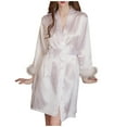 thumbnail image 5 of WRKEKC Womens Robe Casual Solid Color Feather Kimono Satin Nine Quarter Sleeve Morning Robe Sleep Robe Bathrobe, 5 of 6