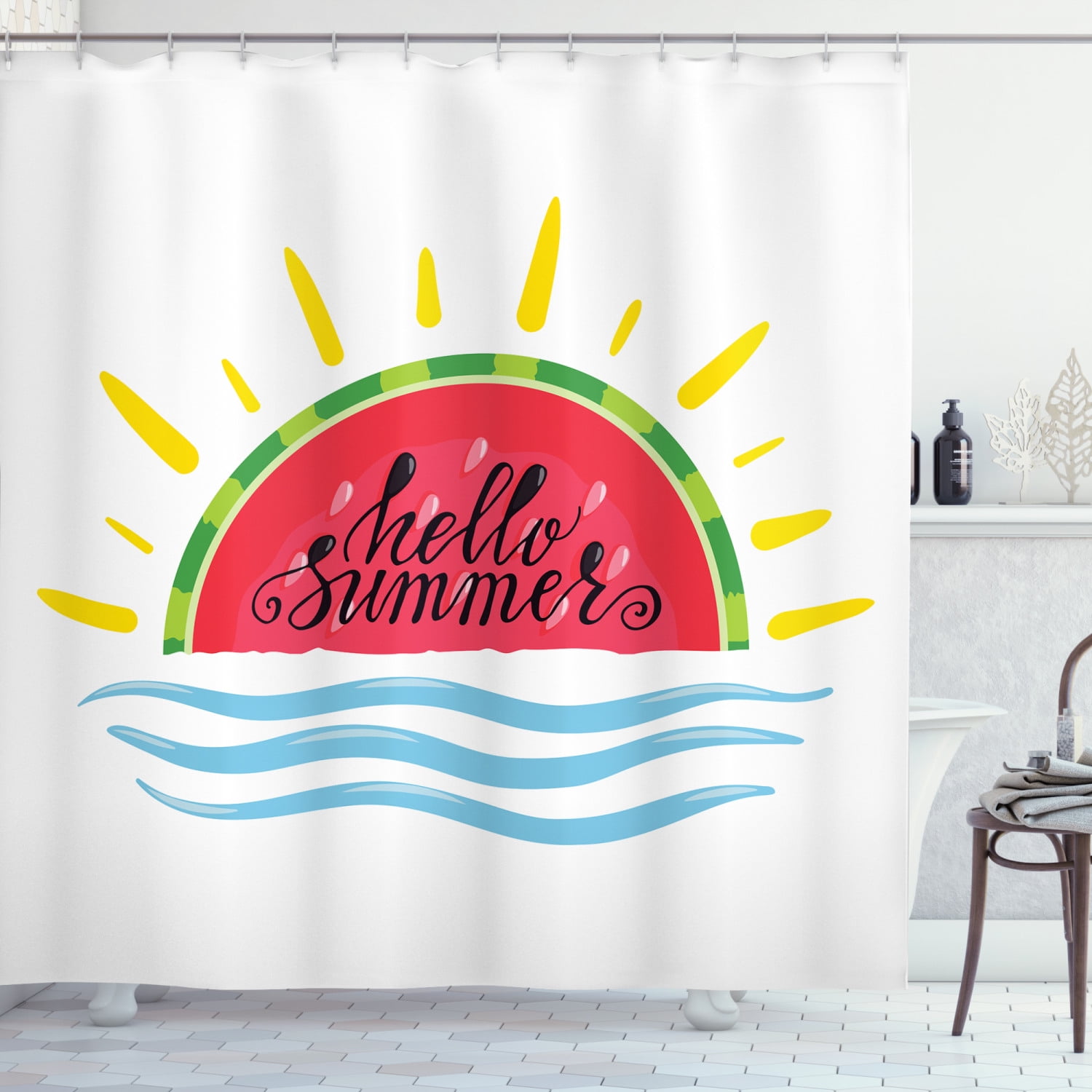 Hello Summer Shower Curtain, Watermelon Slice Motif with Hand Drawn Ocean Waves Summer Season
