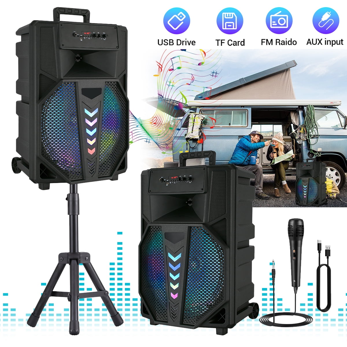 15" Woofer Portable Wireless Party Speaker with Microphone, Stand, LED, Black,USB/TF/BT/AUX/FM/TWS