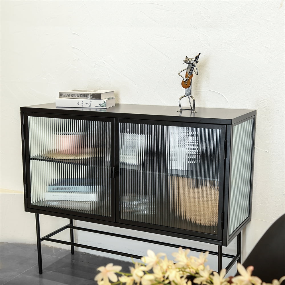 Retro Fluted Glass Storage with Detachable Shelves, Dustfree