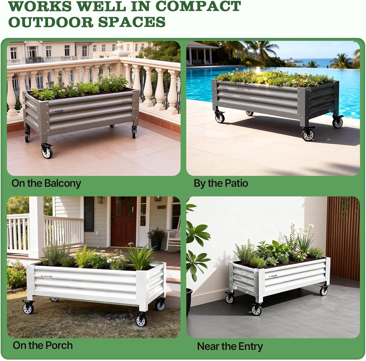 A ANLEOLIFE Low Profile Elevated Garden Bed 4ft x 2ft - 22in Raised Planter Box with Legs with Stainless Steel Caster, Extra Spacious for Gardening Vegetables Flowers, 600lb Capacity, Antique White