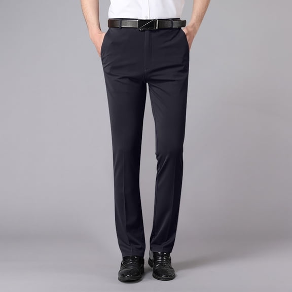 lmcalzta Mens Flat Front Dress Pants Expandable Waist Wrinkle Suit Pants Slim Stretchy Tapered Trousers