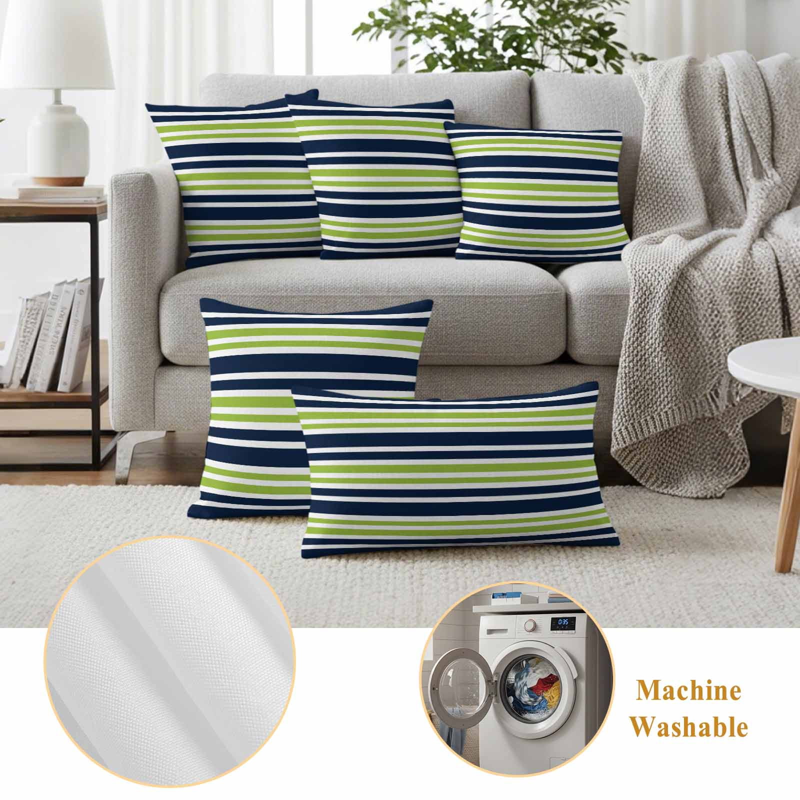 Outdoor Waterproof Pillow Covers Navy Blue Green Stripe Decorative Throw Pillow Protectors,Pillowcase Cushion Cases for Patio Sofa Garden Couch,18x18in,Pack of 2