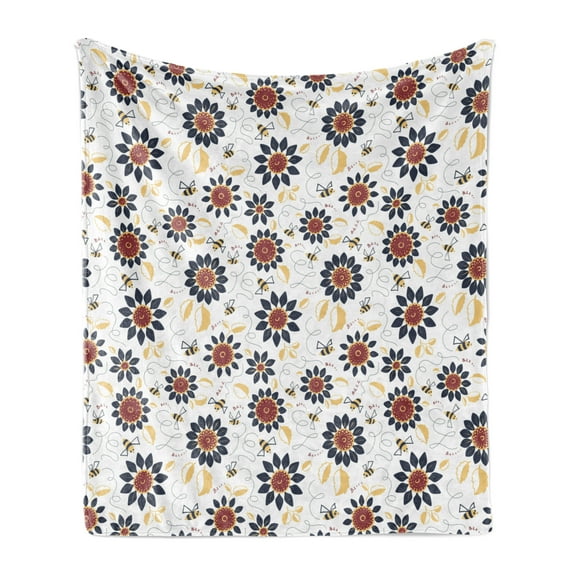 Bee Soft Flannel Fleece Throw Blanket, Sunflowers with Flyaway Leaves and Funny Bees Summer Nature Doodle Style, Cozy Plush for Indoor and Outdoor Use, 50" x 70", Dark Blue Ruby Mustard, by Ambesonne