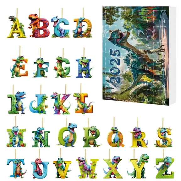 Christmas Alphabet Dinosaur Advent Calendar, 2D Acrylic 26 Letter Pendants Countdown Calendar for Christmas Tree Home Car Hanging Ornament