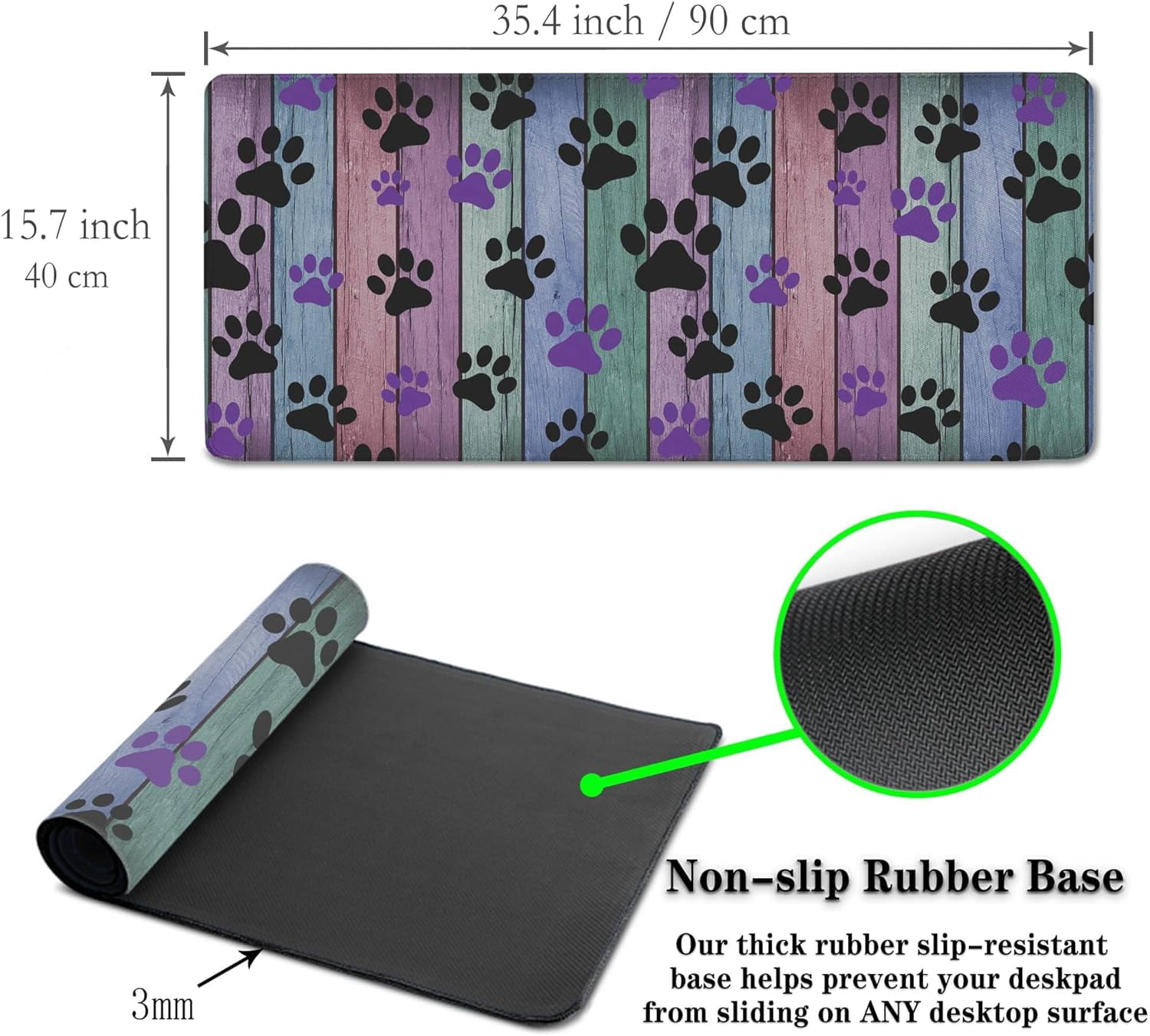 Gaming Mouse Pad Black and Purple, Big Mouse Pads Computer Desk Mat, Work Table Mat Non-Slip Rubber Base Waterproof with Stitched Edges, 35.4 X 15.7 inch for Work/Game/Office/Home Dog Paw