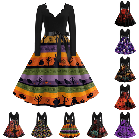 Womens Halloween Dress Gothic Witch Long Sleeve Cocktail Dresses Vintage Medieval Party Dress For Women V Neck Fit And Flare Swing Dresses,Ghost Printed Renaissance