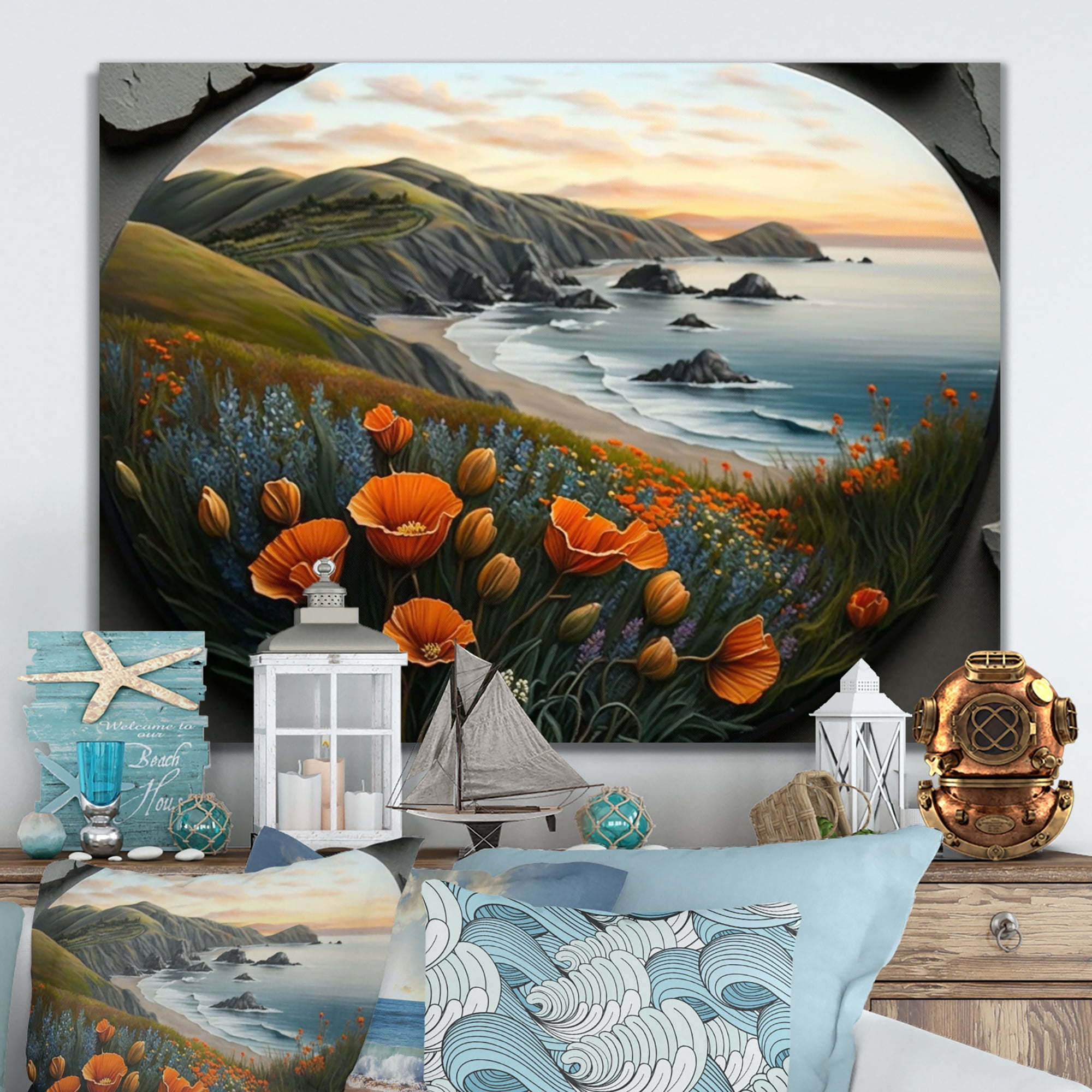 Designart Orange Flowers By The Coast III Canvas Wall Art