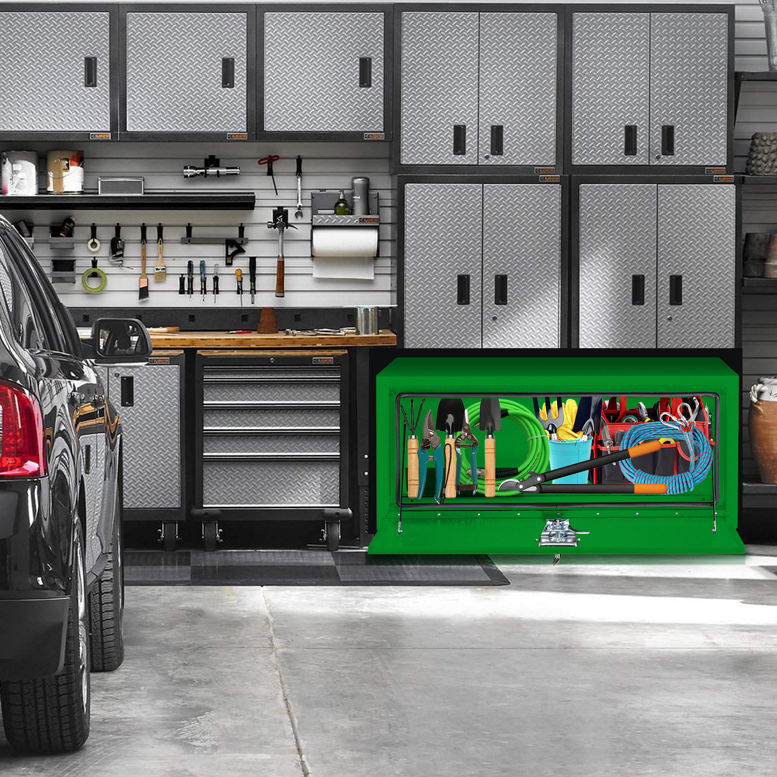 24x14x16 Inch Steel Lockable Waterproof Heavy-Duty Underbody Truck Tool Box for Tools, Under Truck Mounted Space-Saving Design, Green