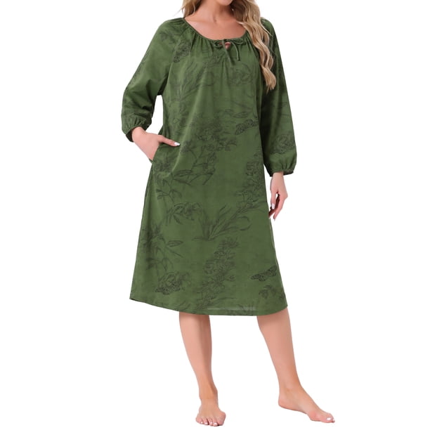 INSPIRE CHIC Camisón de Mujer de Manga Larga Ropa de Dormir Cuello Redondo con Corbata Camisón de Casa con Bolsillo S Verde