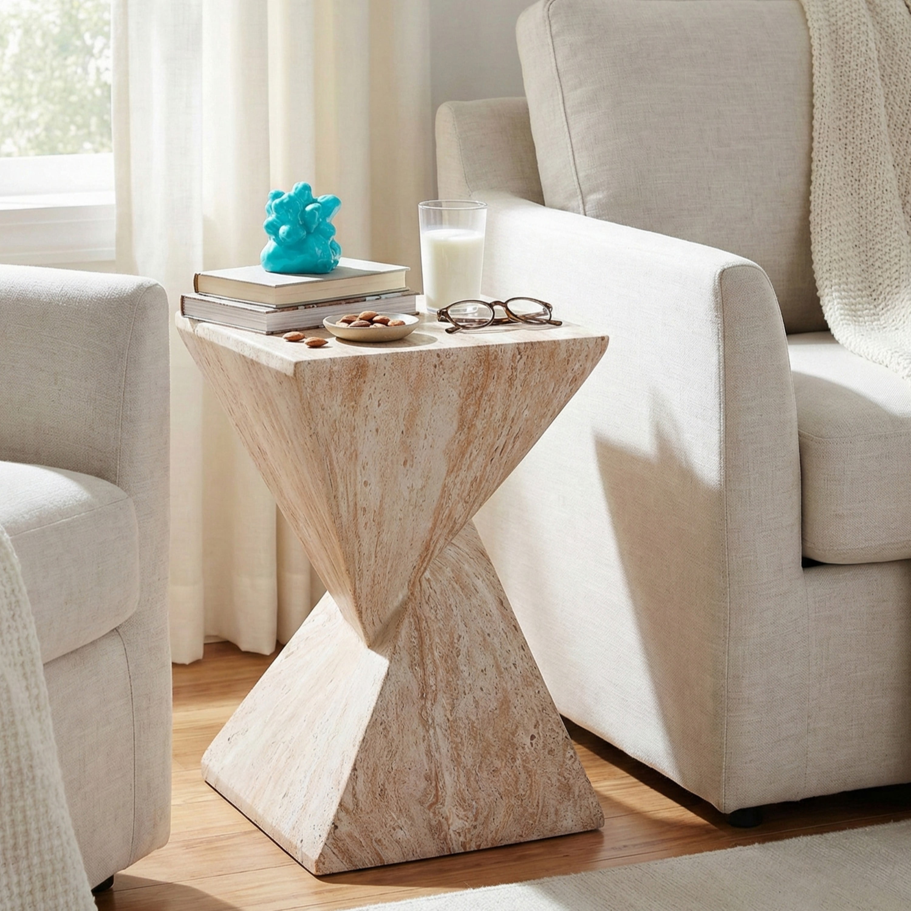 Mintazer 18.5"H Twisted Hourglass Concrete MGO Side Table, Indoor Outdoor Sculptural Geometric Accent End Table for Living Room Bedroom Patio Garden