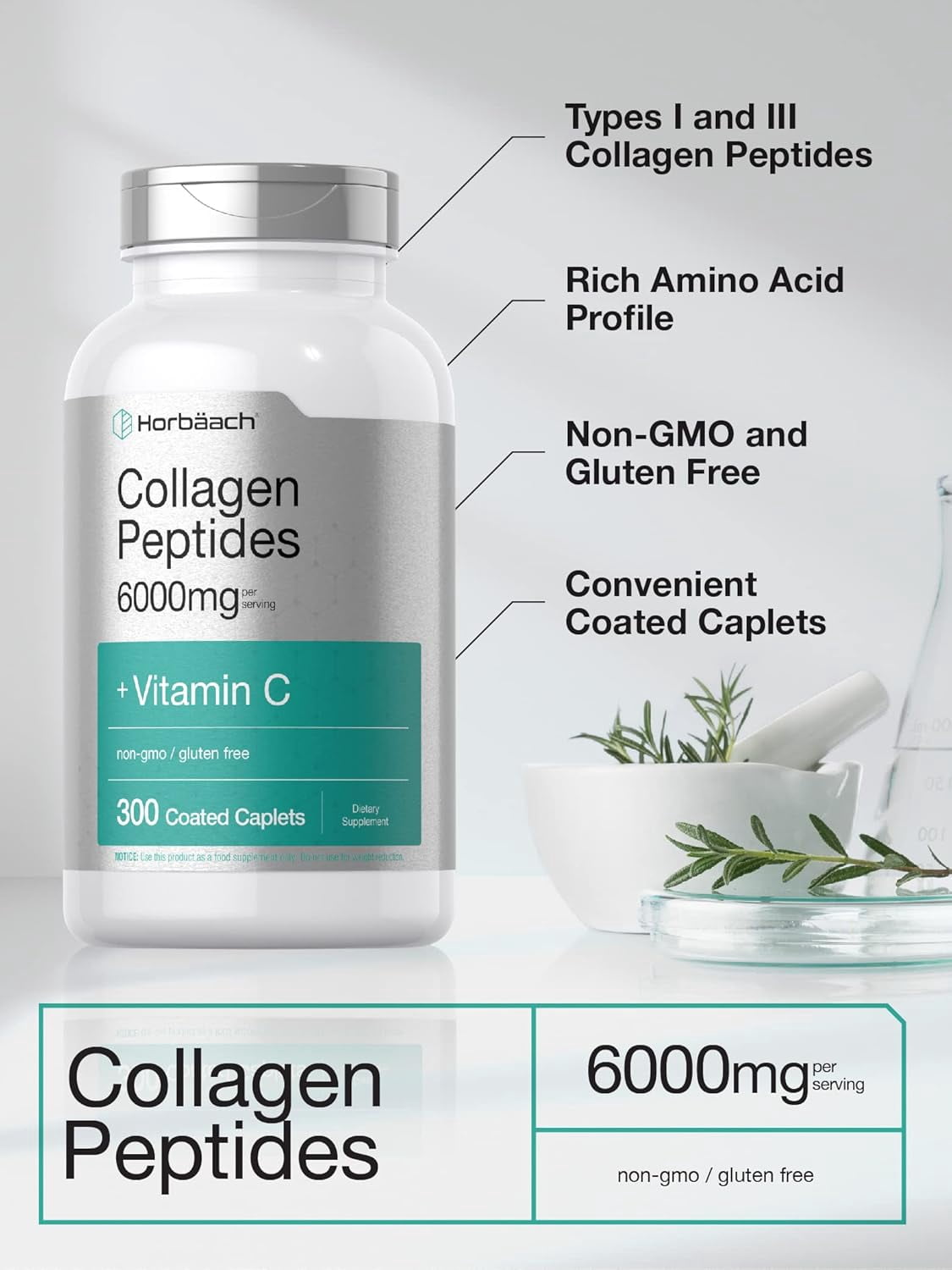 Collagen Peptides 6000mg | 300 Caplets | with Vitamin C | by Horbaach