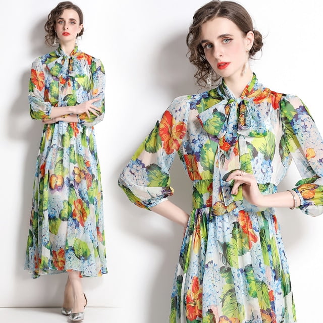 Dropshipping Nouvelle Robe Midi Décontractée d'Été et d'Automne avec Imprimé de Fruits, Nœud Papillon, Foulard à Col, Manches 3/4, Taille Empire, pour Femmes, Fête, Plage