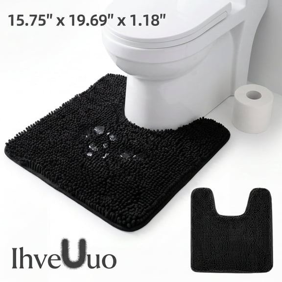 U-Shaped Toilet Rug Washable, 16x20 Contour Bath Mat, Thick Chenille, Black